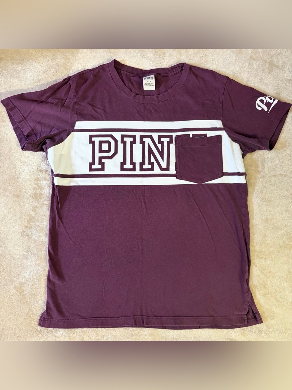 VS PINK Casual Logo Tee - Relaxed Crewneck T-Shirt Plum & White Colorblock, MED